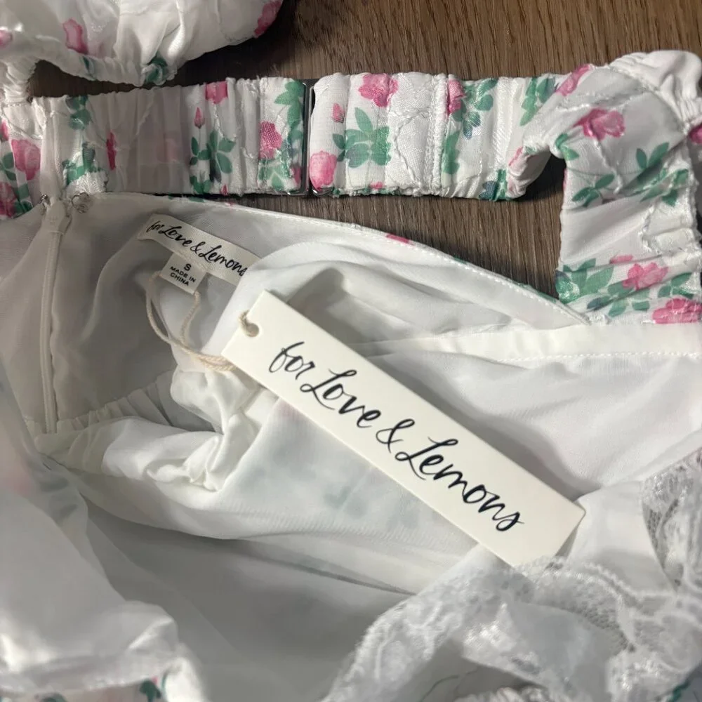 NWT For Love And Lemons Remi Mini Dress S small white pink floral corset basque